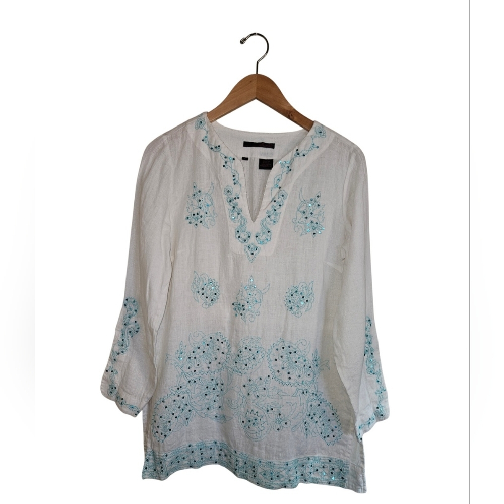 Willi Smith White 100% Linen Boho Teal Sequined Embroidered  Tunic Size S